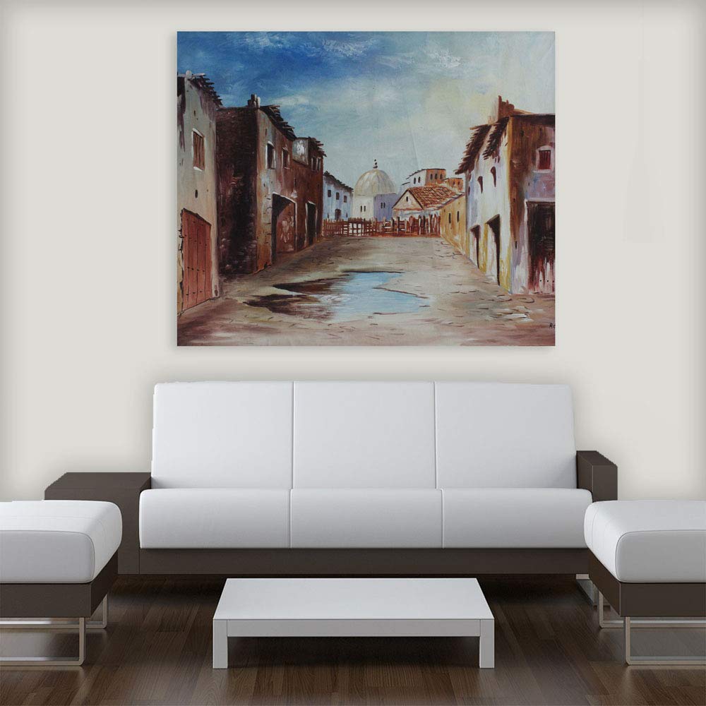 Puddle-tastic Countryside Unframed Canvas Wall Art featuring a serene puddle reflection on a rustic street.