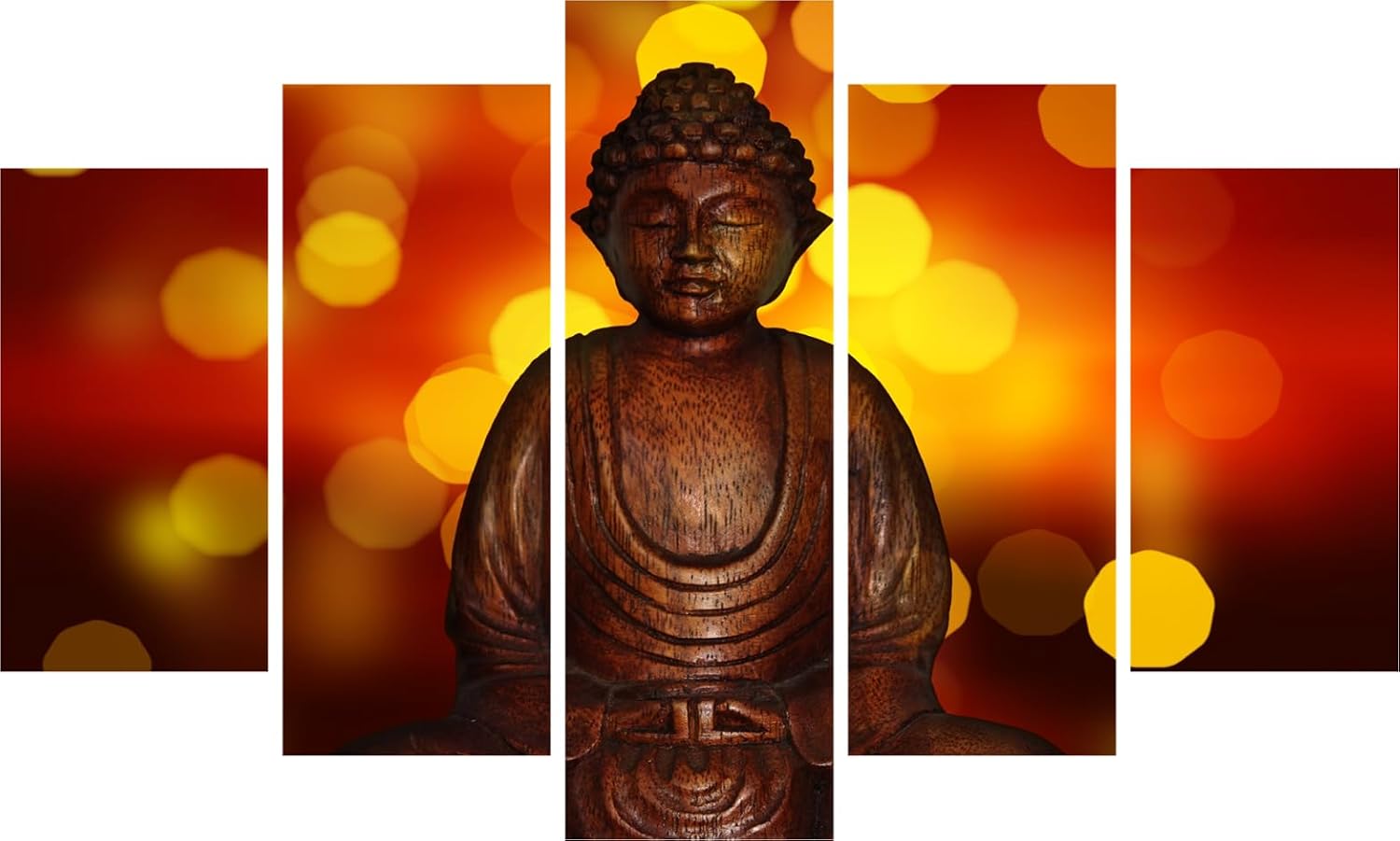 Buddha-tiful 5-Panel Framed Wall Art showcasing serene Buddha faces in living room setting