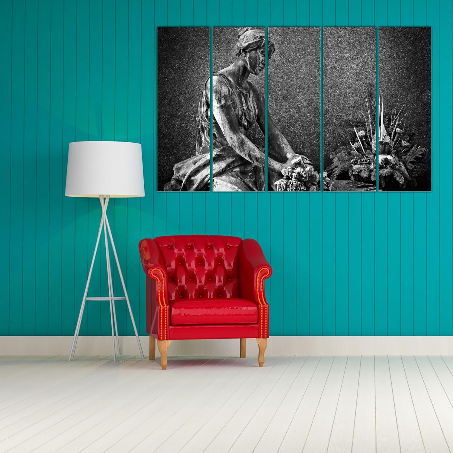 Close-up of vibrant abstract woman sculpture print on wooden MDF frames