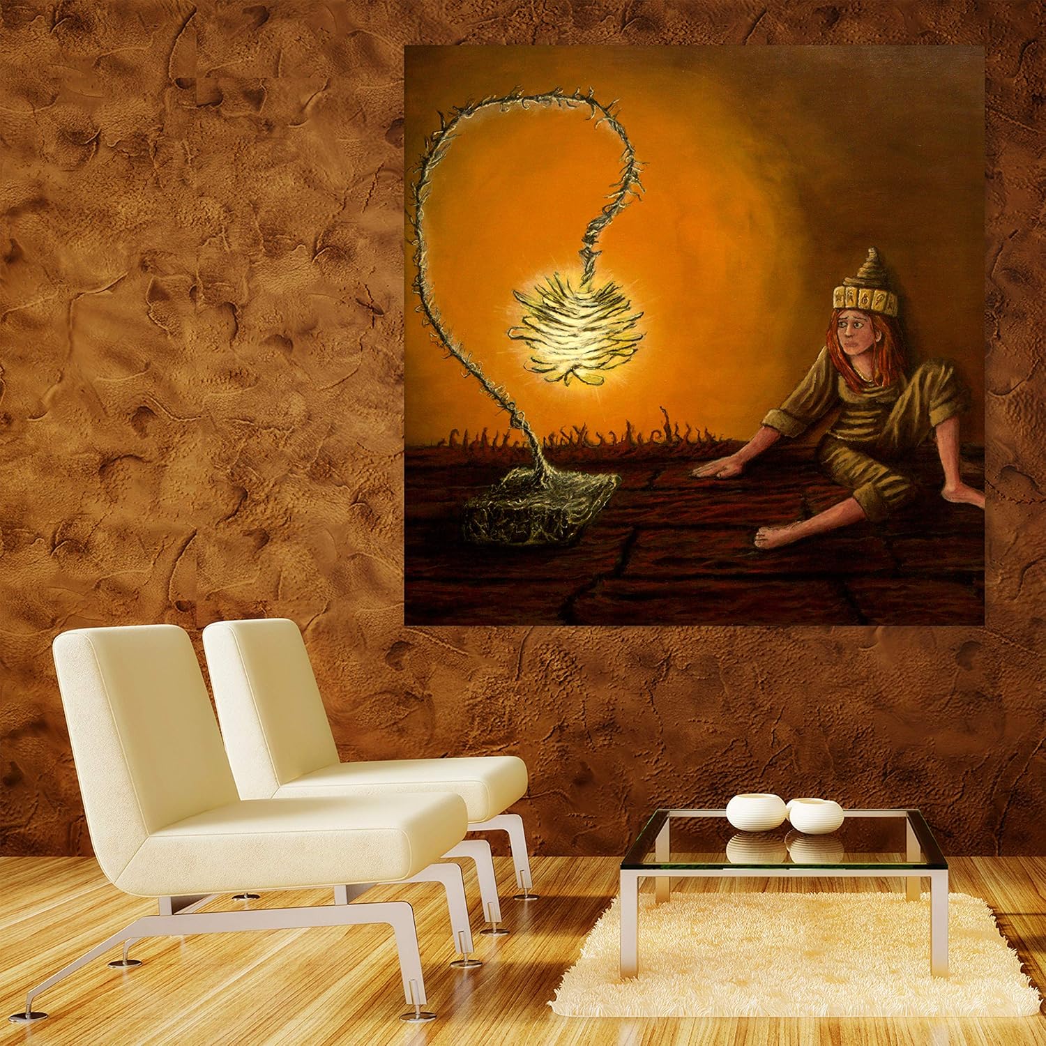 Image of Find Your Spark unframed abstract wall art showcasing vibrant orange human-themed design.