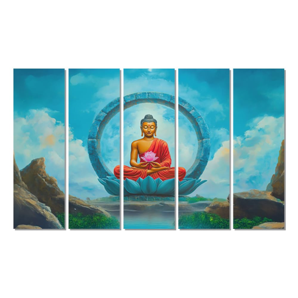 Buddha Bliss 5-Panel Framed Wall Art with deep blue lotus design displayed in a modern living room