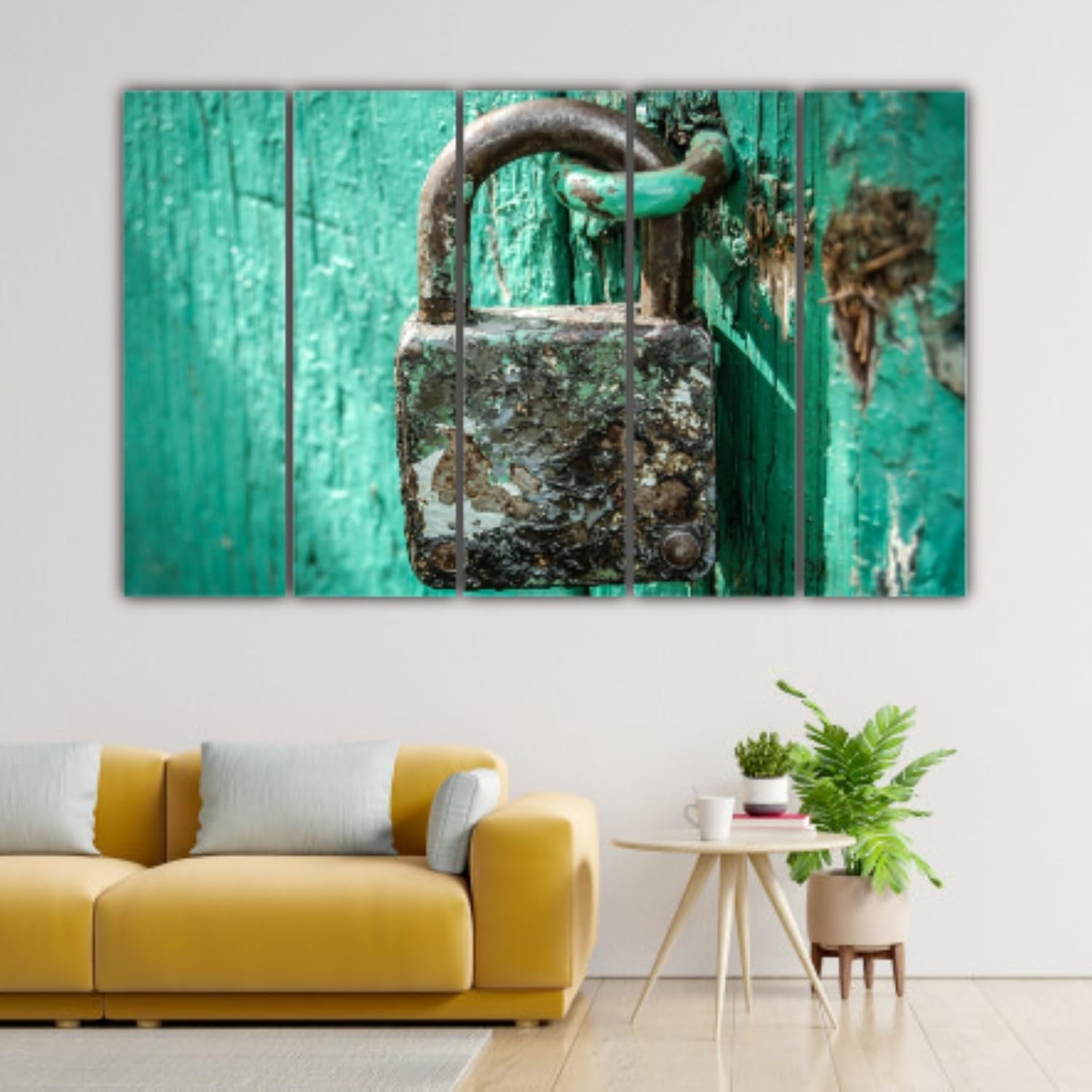 Close-up of lock-themed multi-frame photography framed Wall Art showcasing textured details on each MDF panel.
