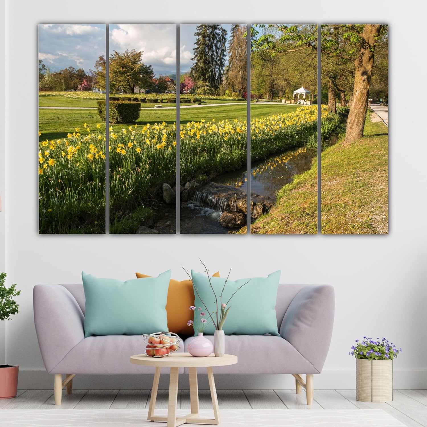 A detailed view of the middle panel of the Bloom and Let Bloom Wall Art showing vivid green trees and rolling hills