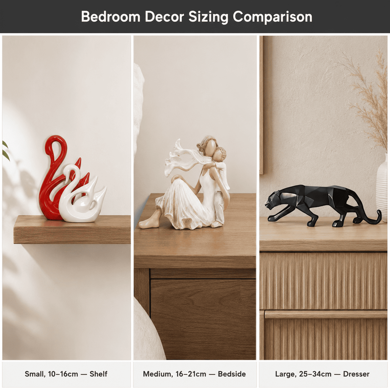 size comparison grid of small, medium, and large decorative objects against matching surfaces