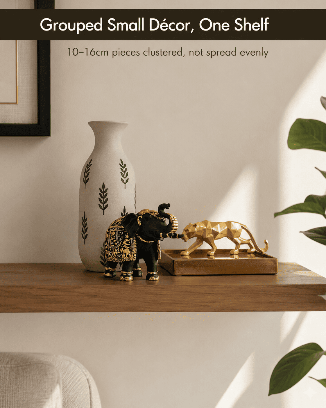 small decorative items clustered on a floating shelf