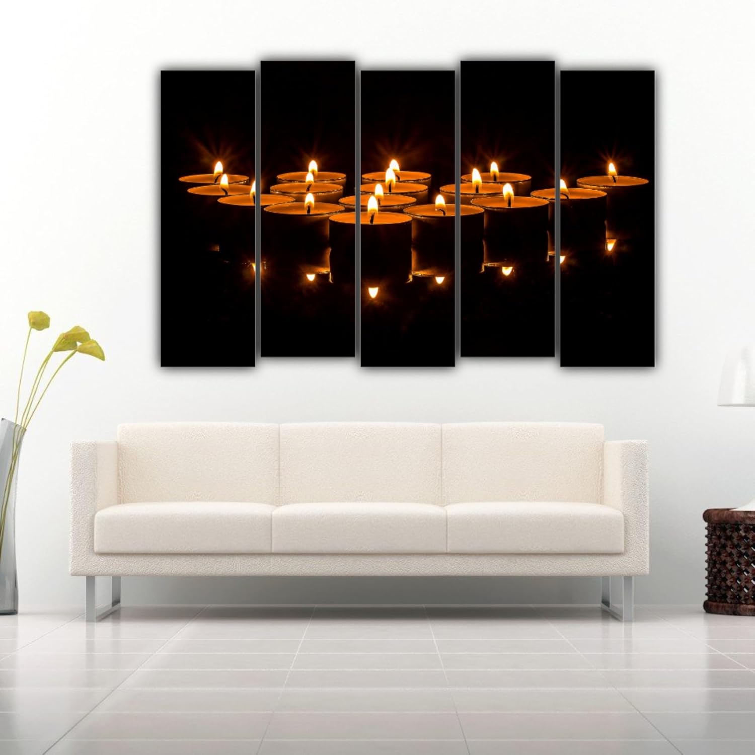 Five-panel view of Lights, Camera, Candle! Photography Framed Wall Art elegantly hung above a modern sofa.