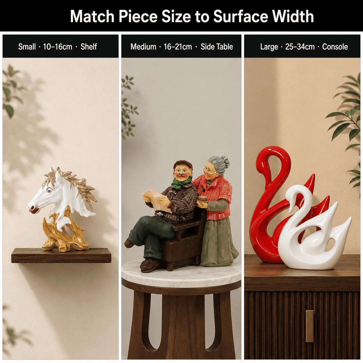 Side by side comparison of small medium and large decor pieces against matching furniture surfaces