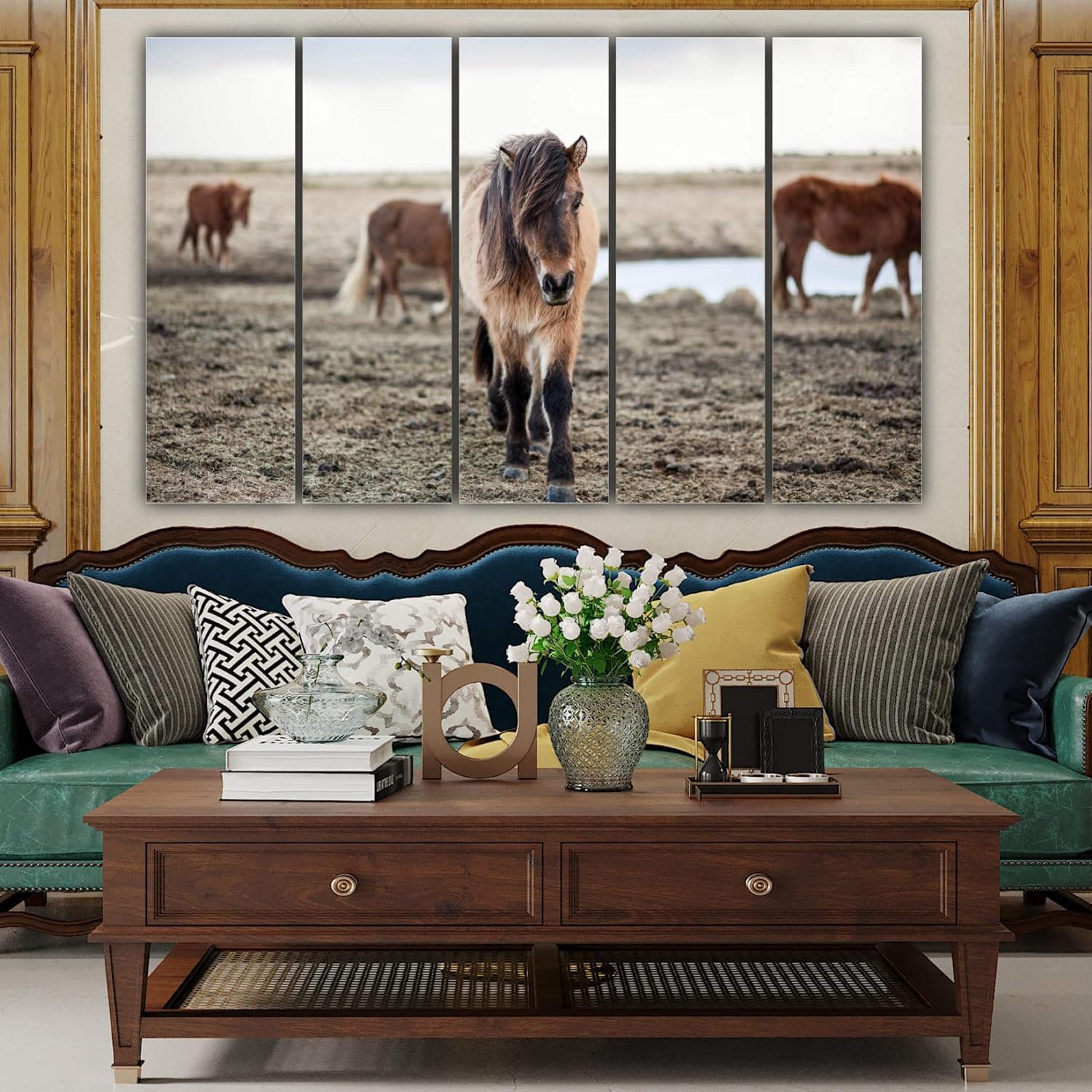 Close-up of Horse-some 5-Frame Wall Art: Splash-Proof Nature Framed Masterpiece (127x76cm) showcasing vibrant horse imagery