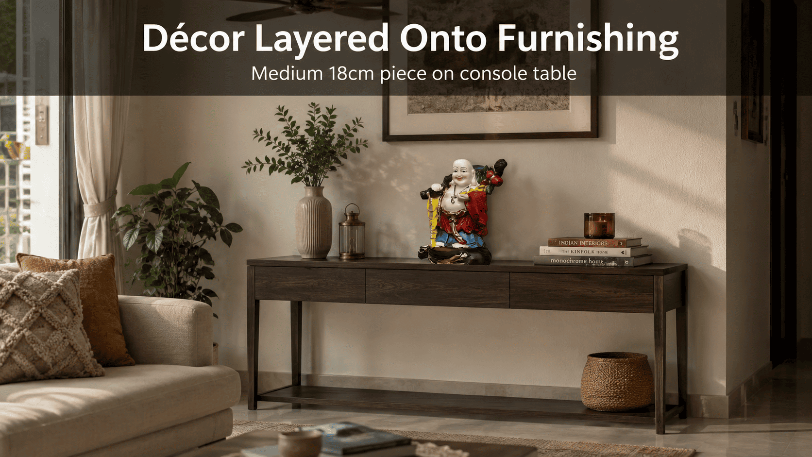 modern home decor piece on a console table in a furnished living room