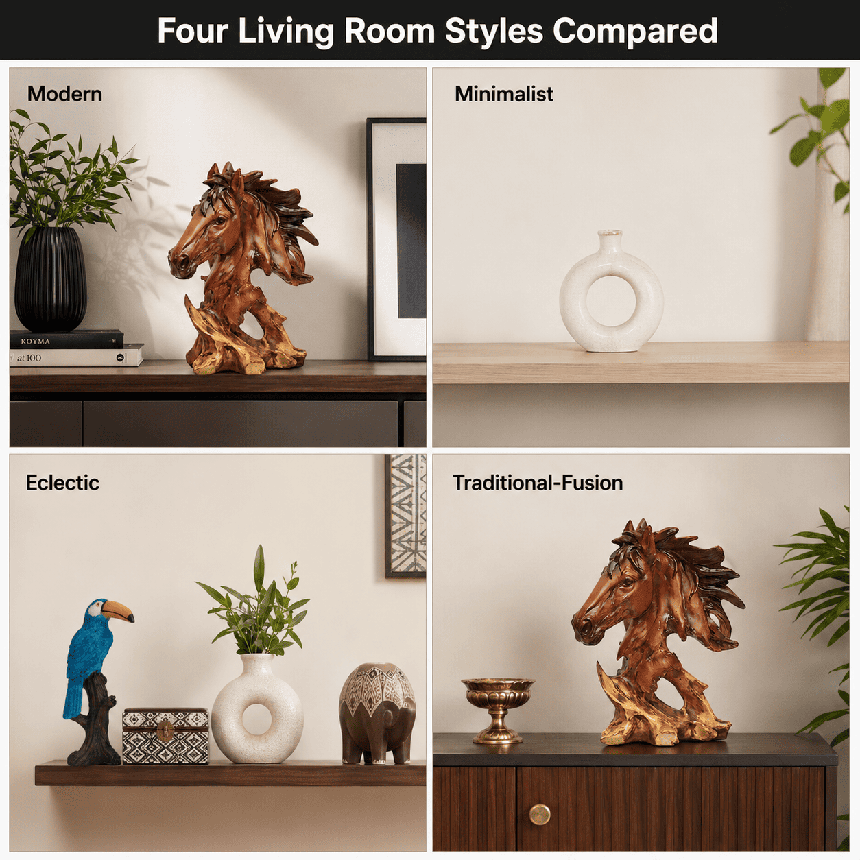 four living room styling approaches side by side