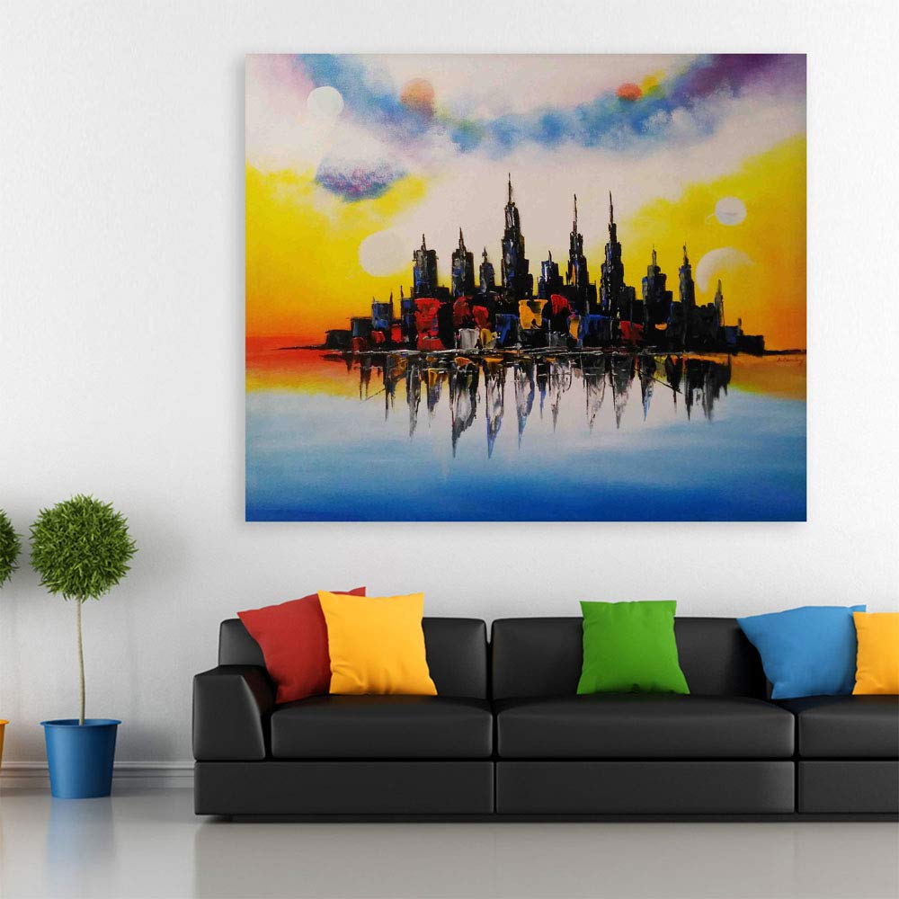 Skyline Soiree: Dreamy Unframed City Wall Art features a soft pastel skyline above rooftops