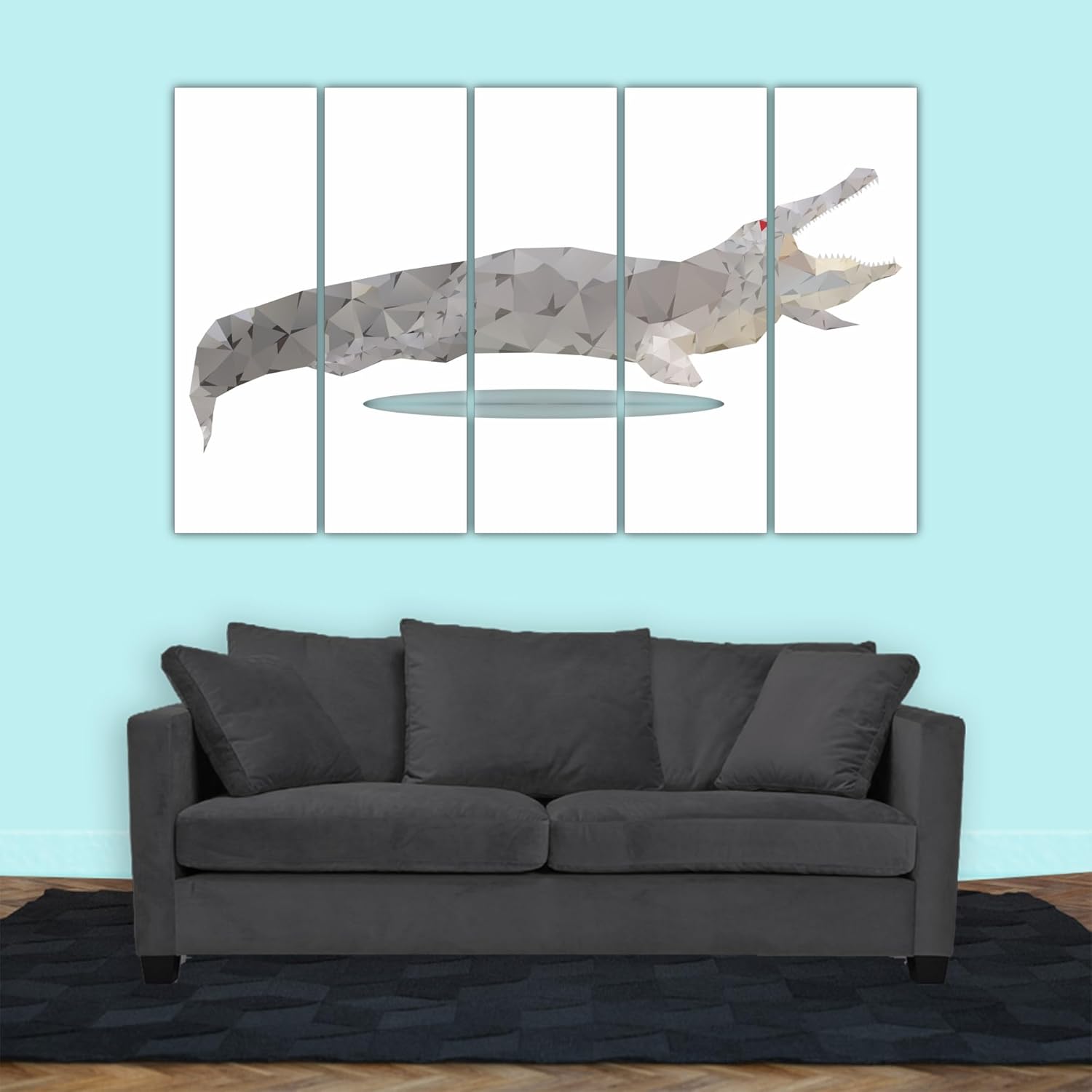 Close-up of Snap, Crackle, Croc: Framed Crocodile Abstract Wall Art highlighting vivid green scales and textured MDF frame