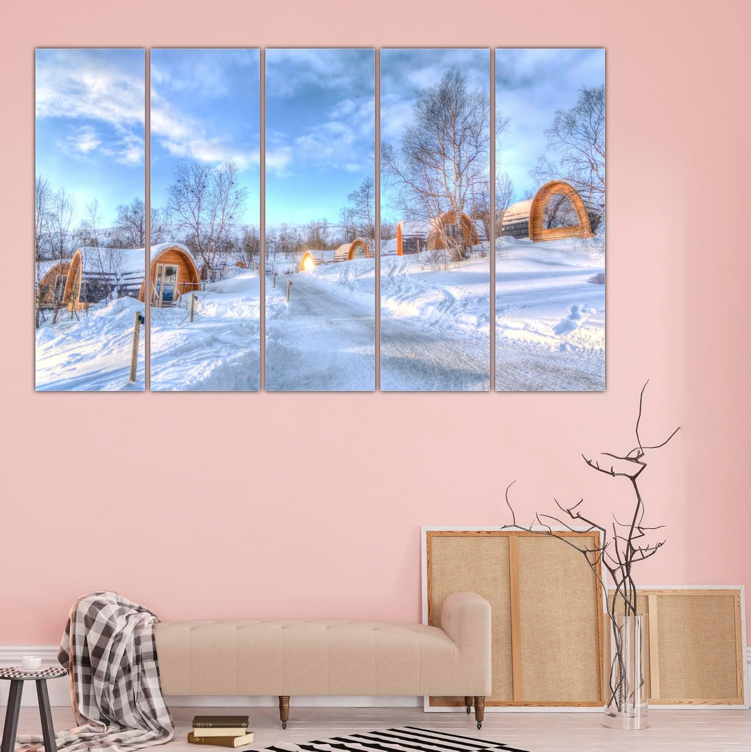 Close-up of Snowflake Spectacular framed multi-panel snow wall art with textured wooden MDF frames