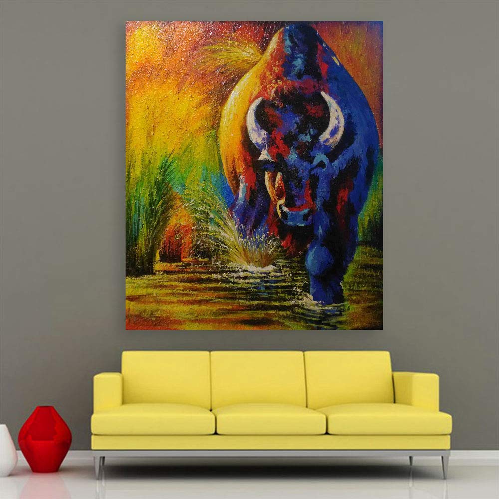 Bright multicoloured bull unframed Wall Art charging across the canvas titled Bull-ieve It! Animal-Themed Multicoloured Unframed Wall Art.
