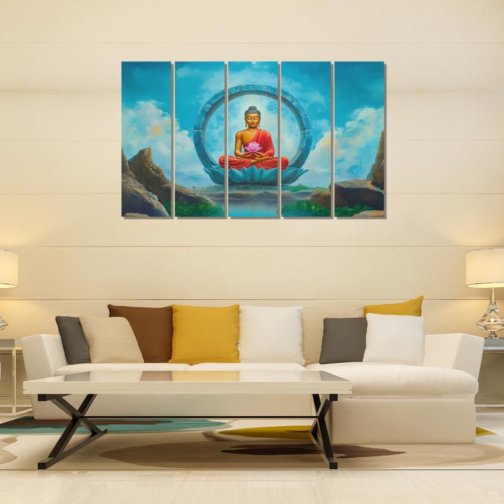 Close-up of Buddha Bliss 5-Panel Framed Wall Art showcasing vibrant HD print on wooden panels