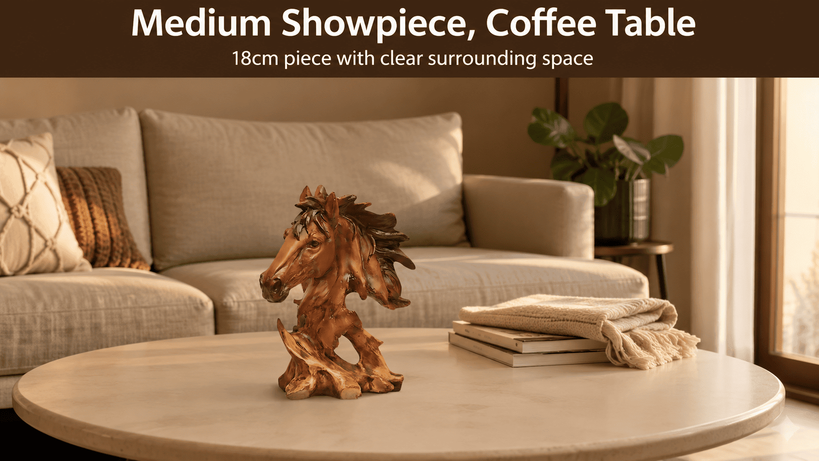 medium showpiece on coffee table with clear surrounding space
