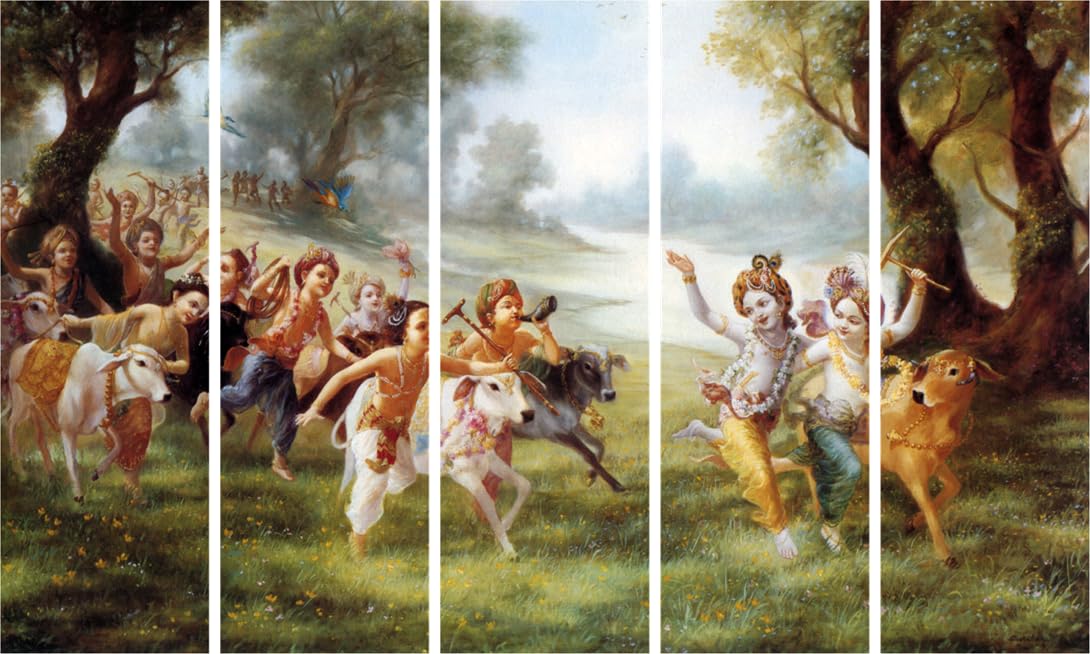Close-up of Gokul Groove: Framed Hindu Wall Art with Krishna & Balarama showing vibrant panel colors