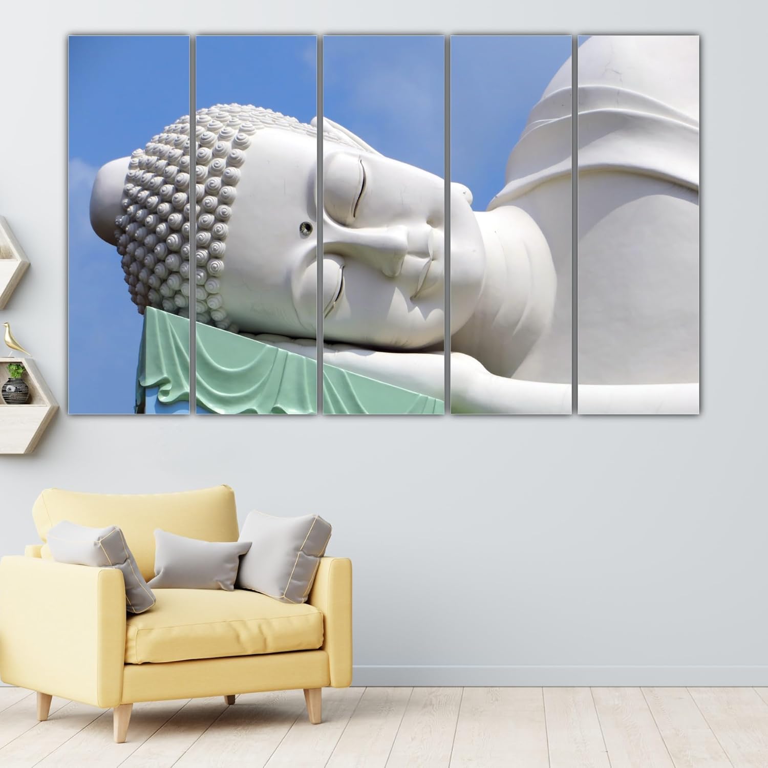 Living room wall adorned with Buddha-tiful 5-Frame Framed Wall Art (150x76cm) bringing zen vibes
