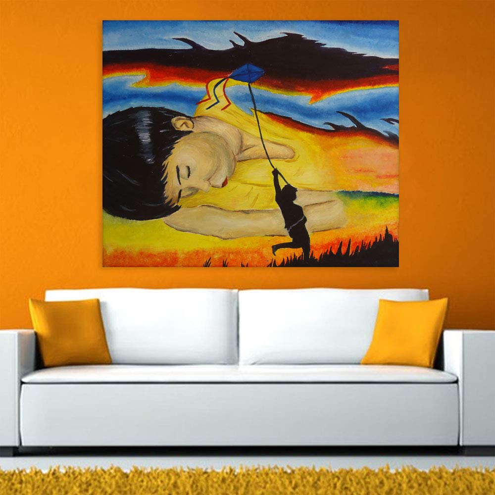 Childhood Unboxed Abstract Unframed Wall Art on a neutral living room wall.