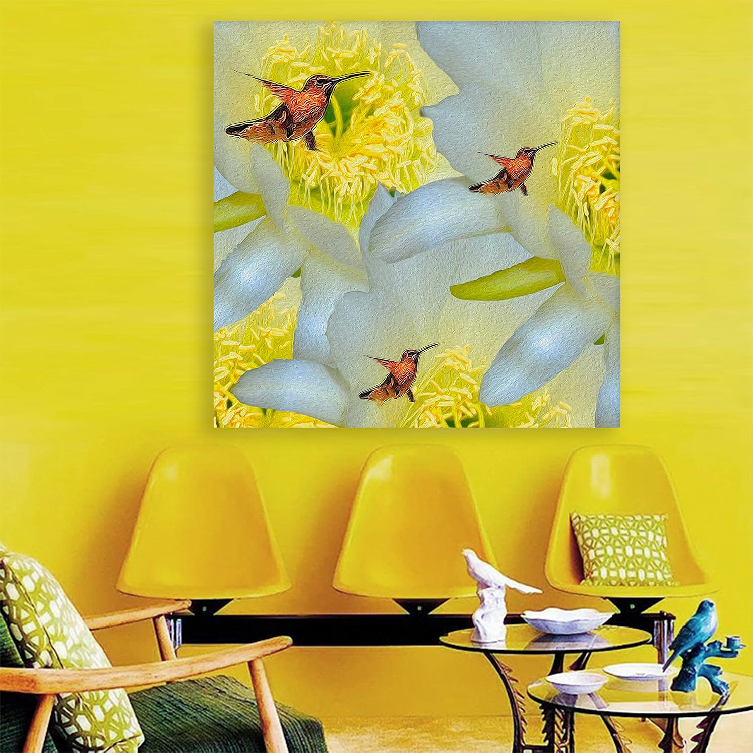 Hummingbird Hullabaloo unframed Animals Nature Wall Art showing vibrant hummingbirds in flight on cotton canvas.