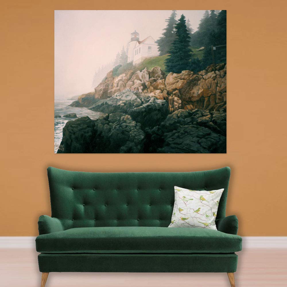 Cliffside Charm Unframed Nature Wall Art displayed above a cozy sofa