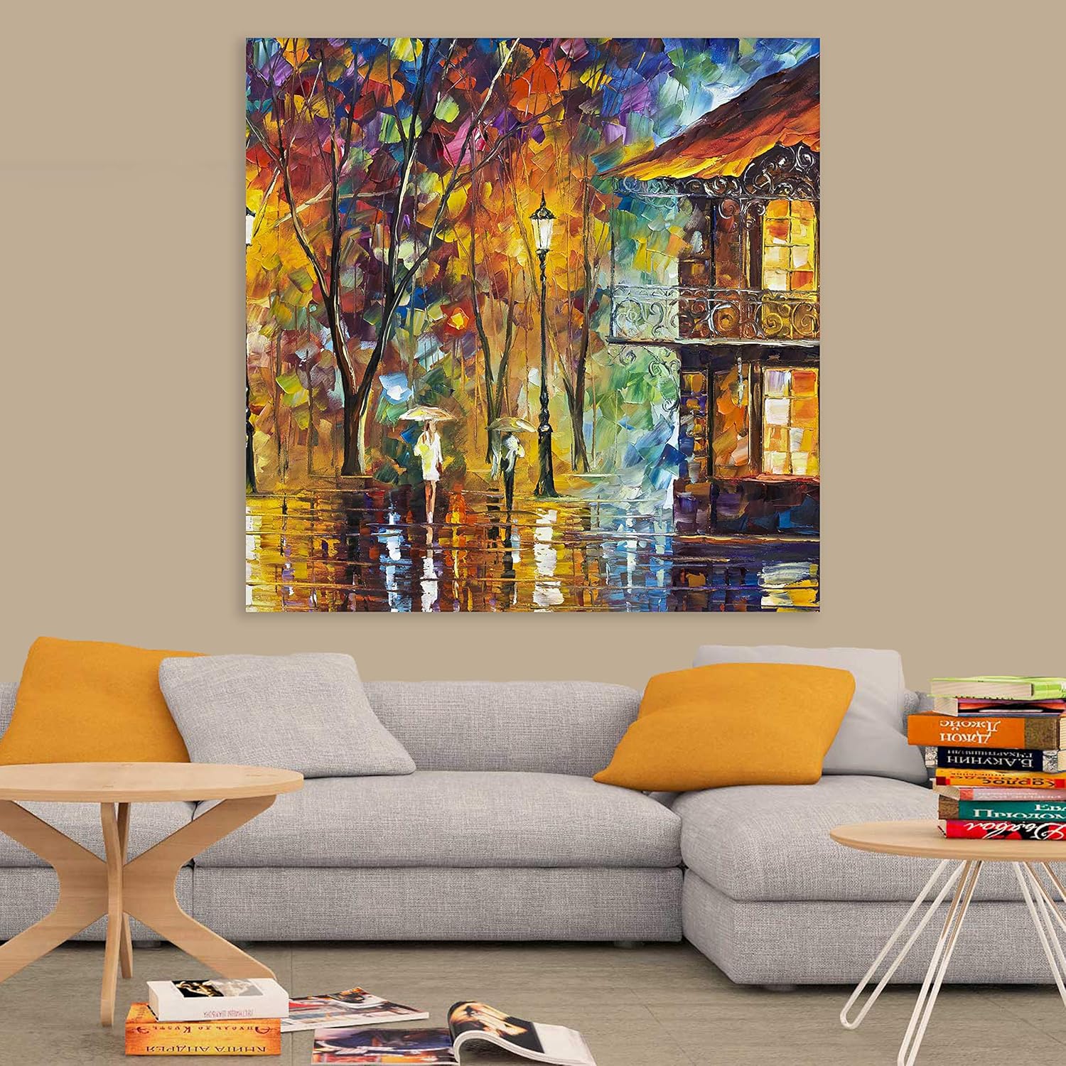 Rain-Soaked City Unframed Wall Art hanging above a cozy sofa