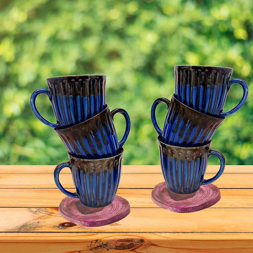 Modern blue ceramic tea cups set of 6 neatly arranged for kitchen display
