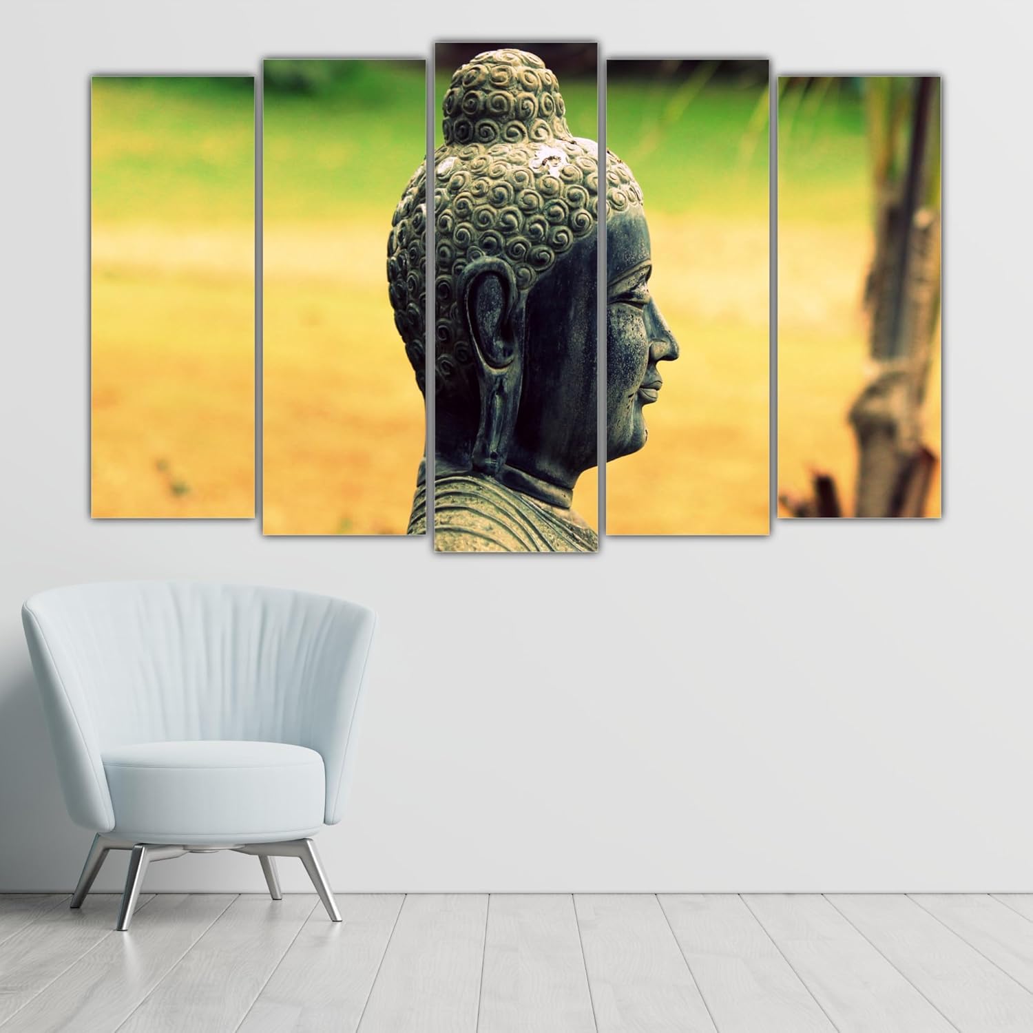 Close-up of the golden Buddha panels in the 5-Panel Framed Wall Art set