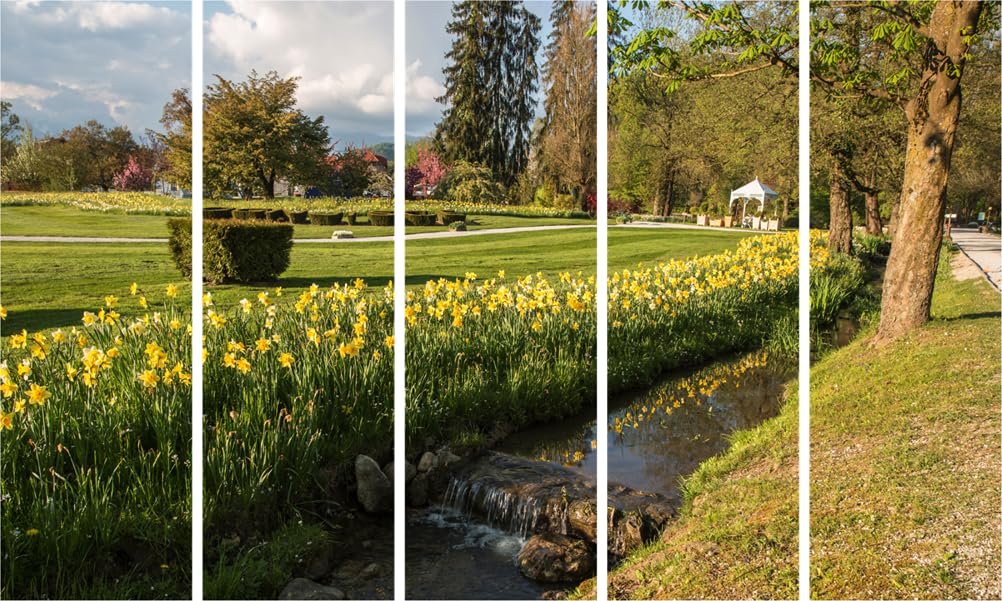 Bloom and Let Bloom Wall Art features five vibrant panels depicting a sunlit forest in a sleek wooden MDF frame
