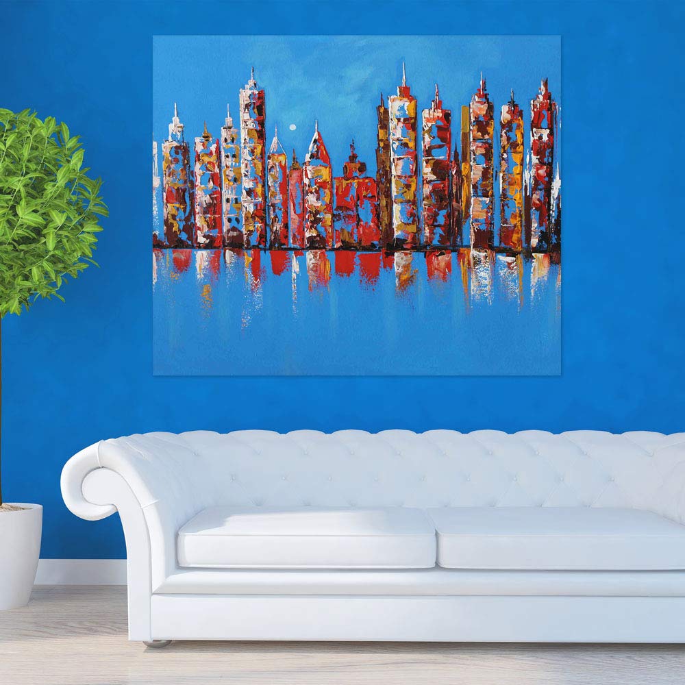 Illuminate Your Space with This City-Slicker Unframed Wall Art Canvas showcasing a glowing skyline at dusk