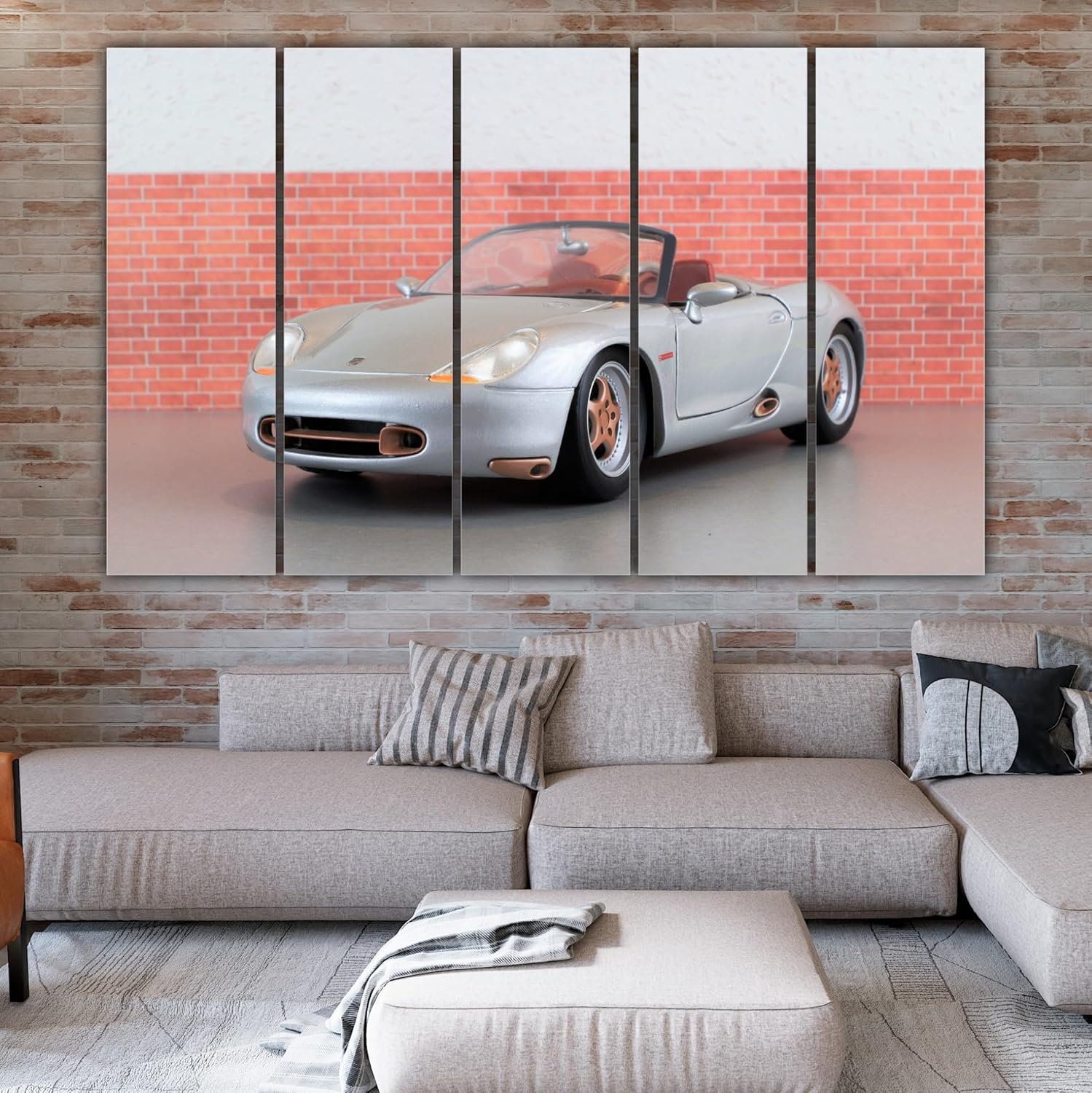 Multi-frame car Wall Art in a modern living room setting adding vroom vibes