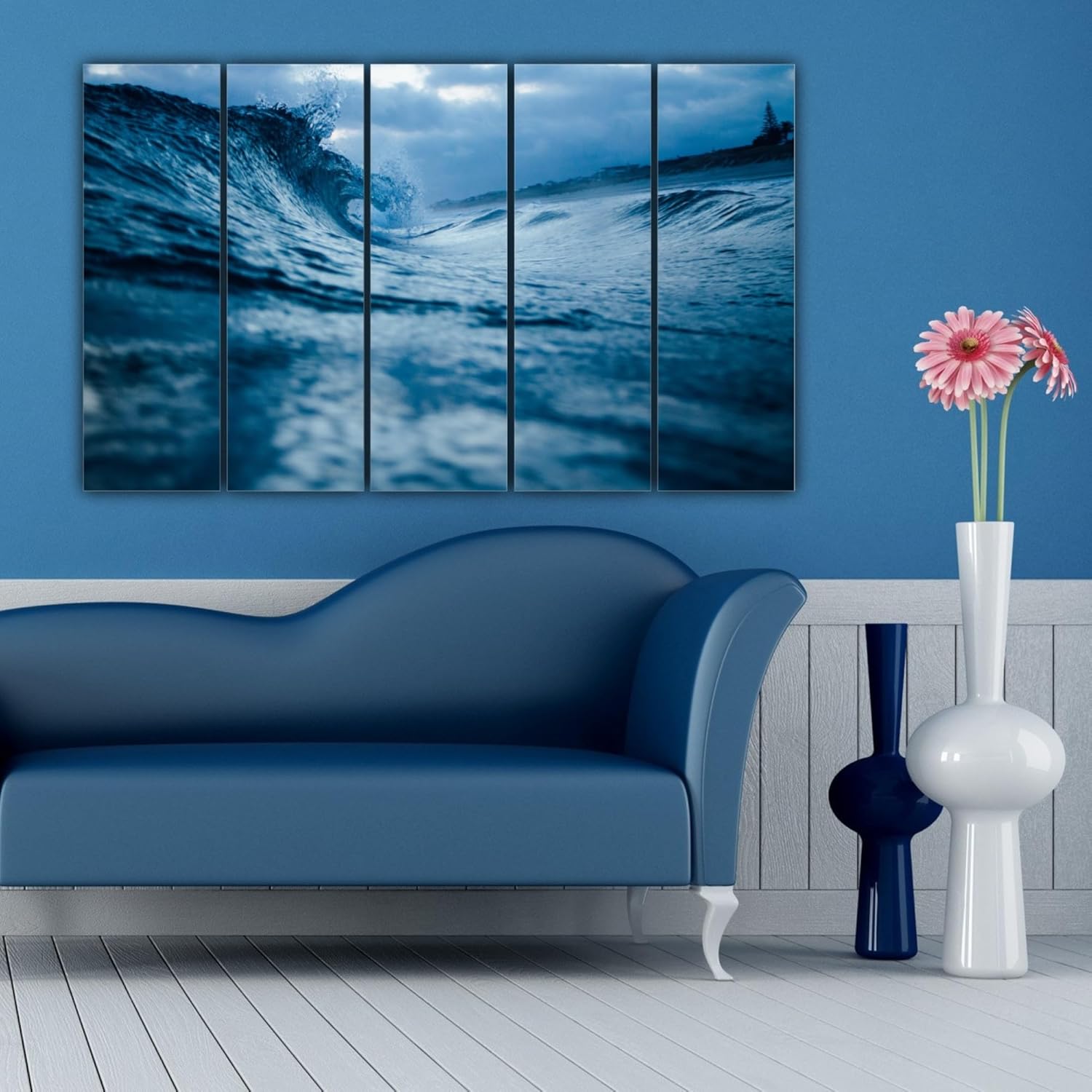 Close-up of the 6mm wooden MDF panels with splash-proof laminated water waves design Wall Art