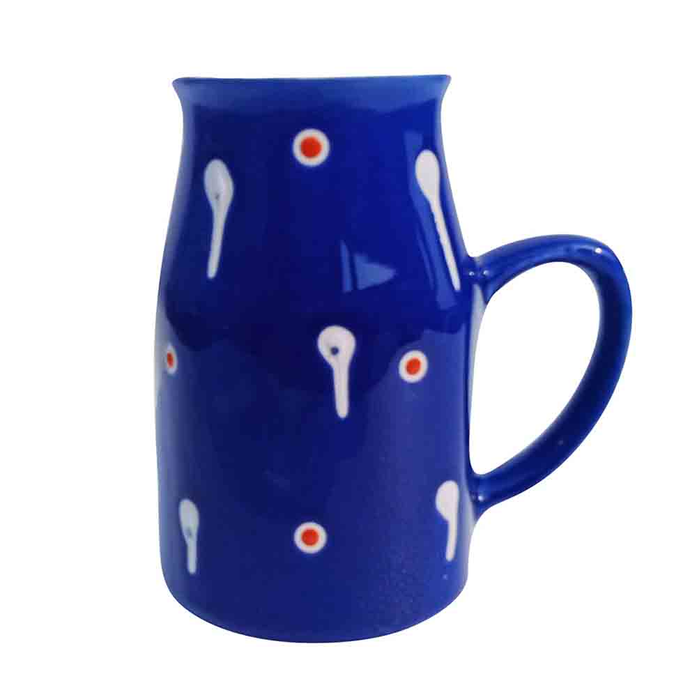 Blue Coffee Mug 500ml with handpainted white droplets on kitchen counter