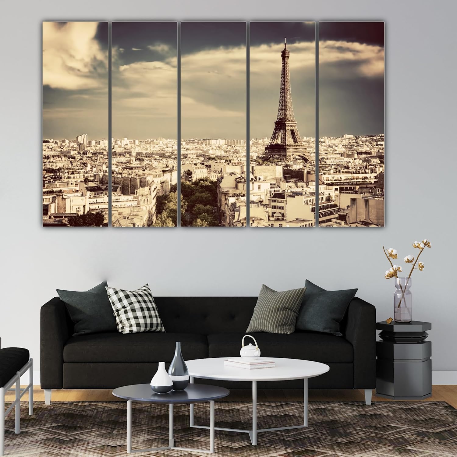 Close-up of Paris-tastic Eiffel Tower Framed Wall Art showcasing splash-proof matte finish on MDF frames.