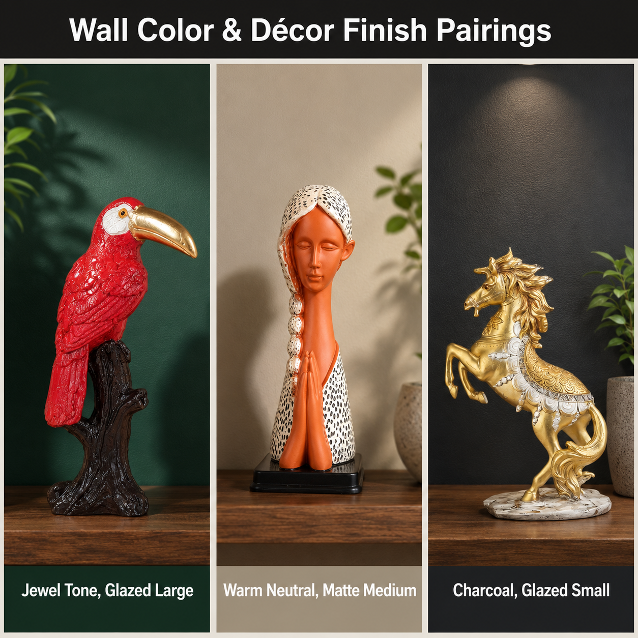 three living room wall color and decor pairing comparison