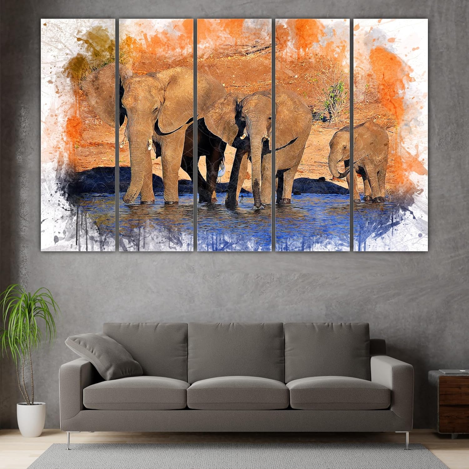 Elephants on Parade: 5-Panel Framed Wall Art hanging in a cozy bedroom