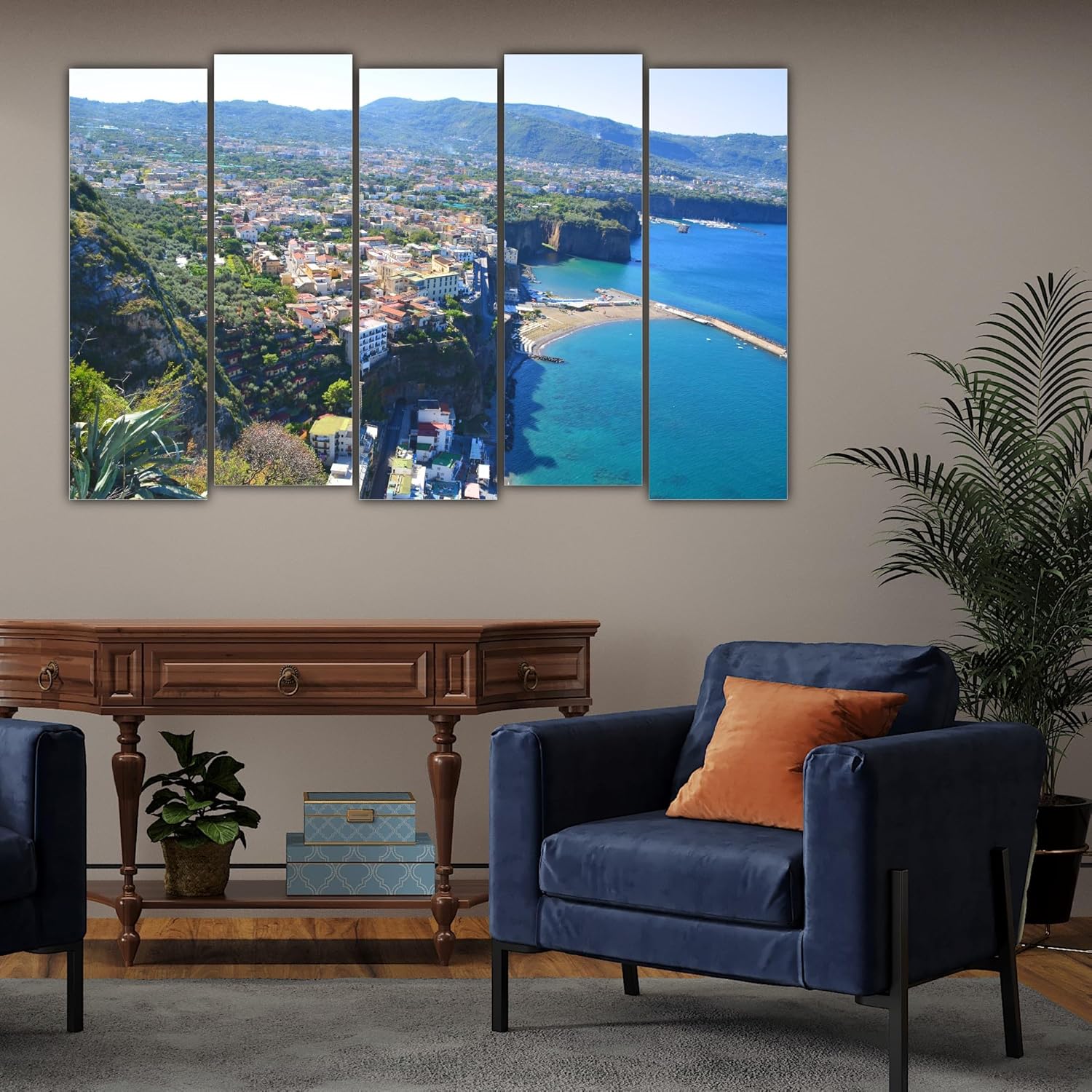 Five-panel Scenario Spectacular wall art displayed in a living room to add a colorful framed accent.