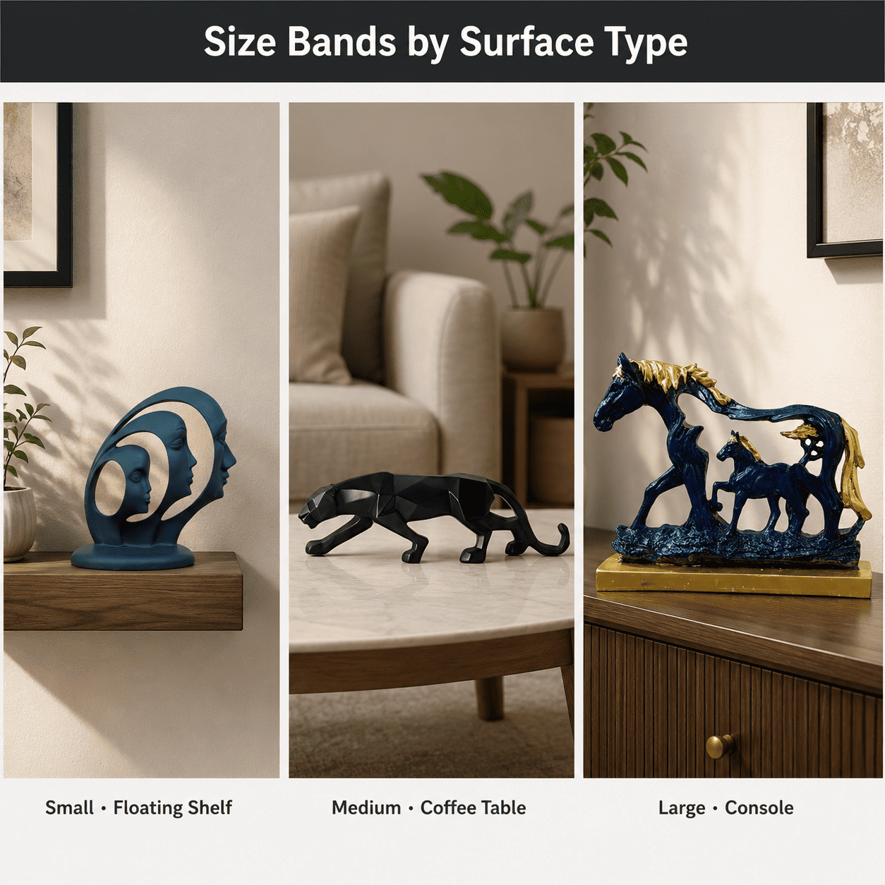 Grid comparing small, medium, and large decor pieces against their matching surfaces