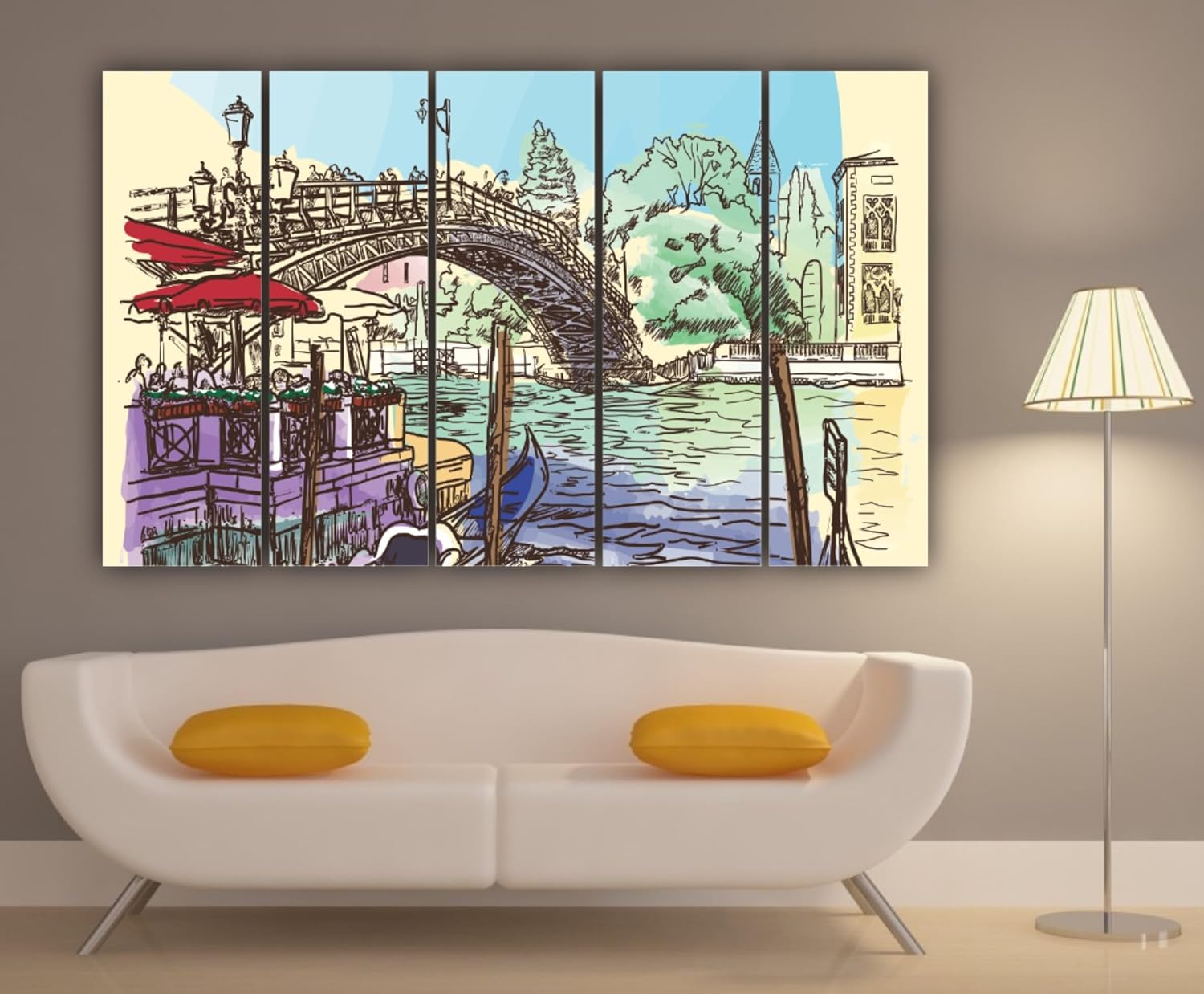 Indoor scene with framed Venice Italy wall art set in multicolour tones.