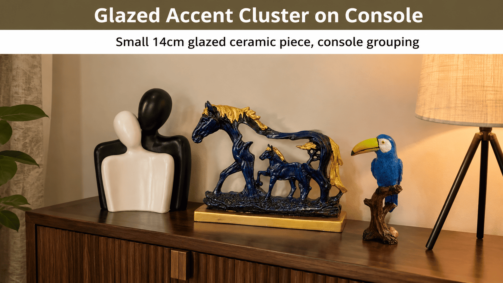 small glazed decor accent clustered on a console table under accent lighting