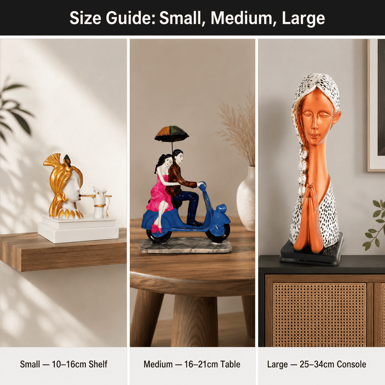 Three decorative objects of increasing size arranged against shelf, table, and console backgrounds