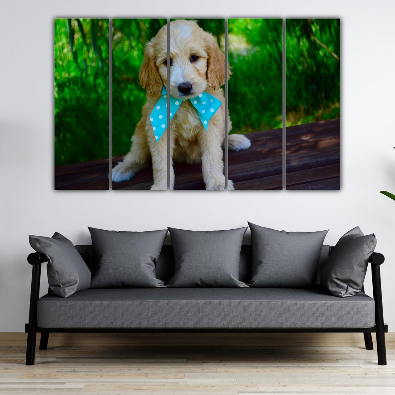 Close-up of cute puppy faces printed on multi-frame Photography Framed Wall Art set in a cozy room