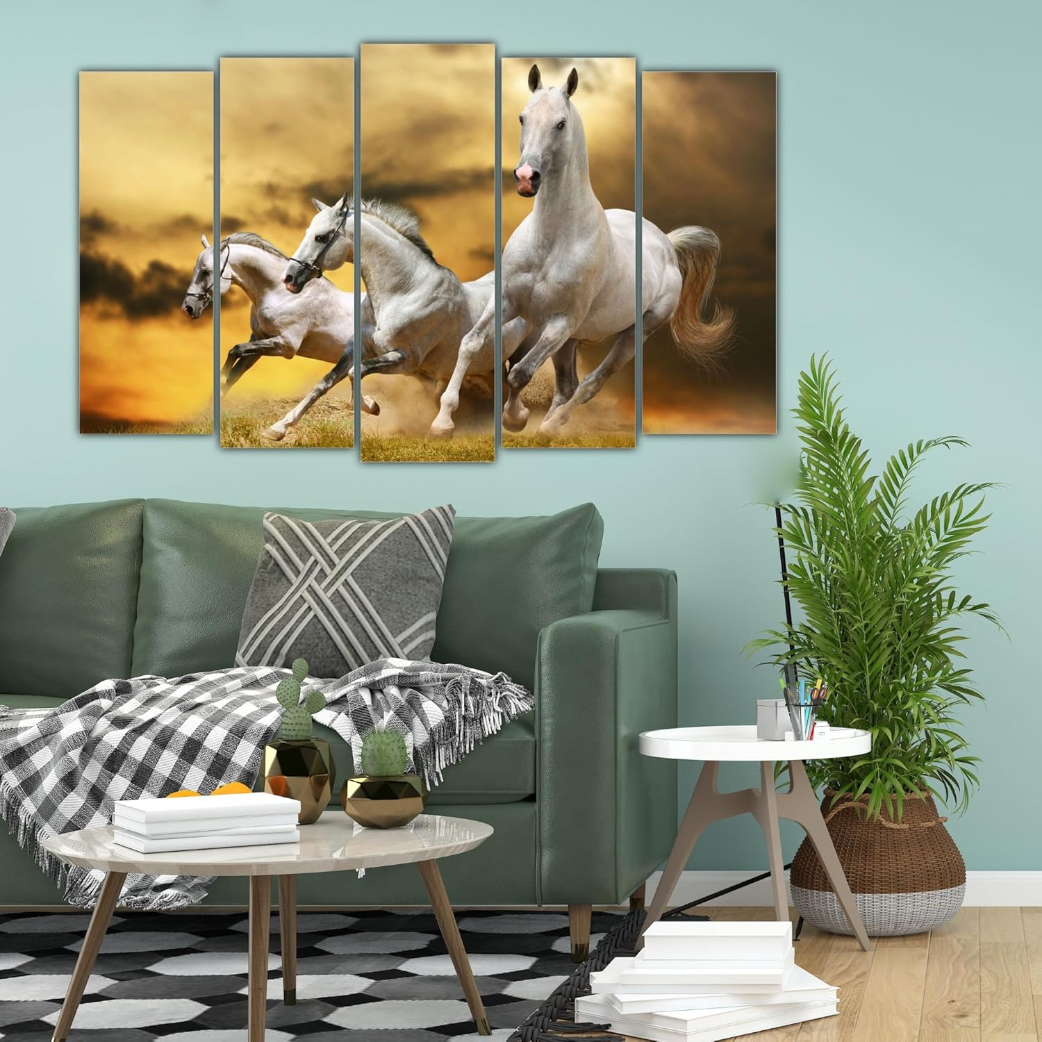 Gallop into Good Vibes: Red Vinyl Horses Vastu Framed Wall Art adding color to a minimalist office