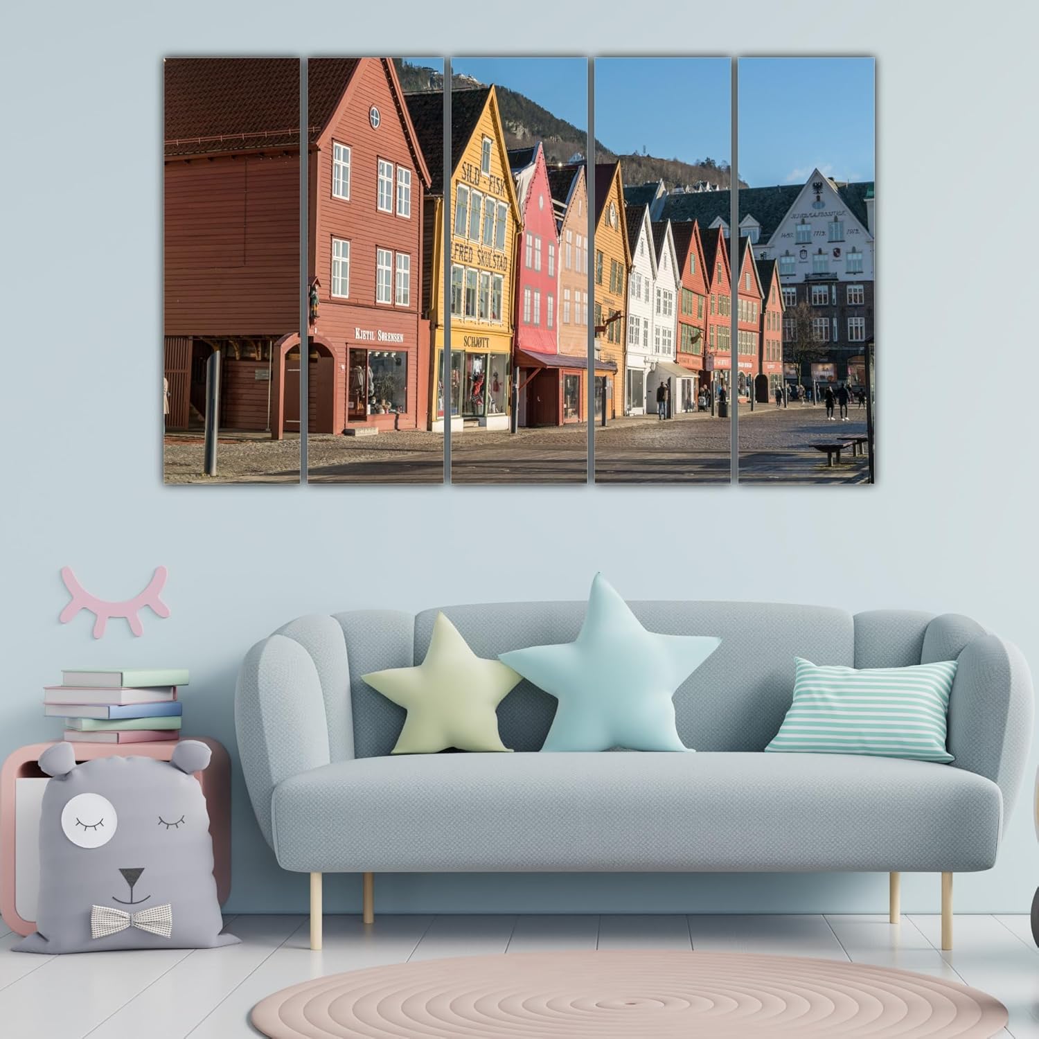 Five-panel Euro-tastic multi-frame wall art photography of charming European streets framed on splash-proof MDF.