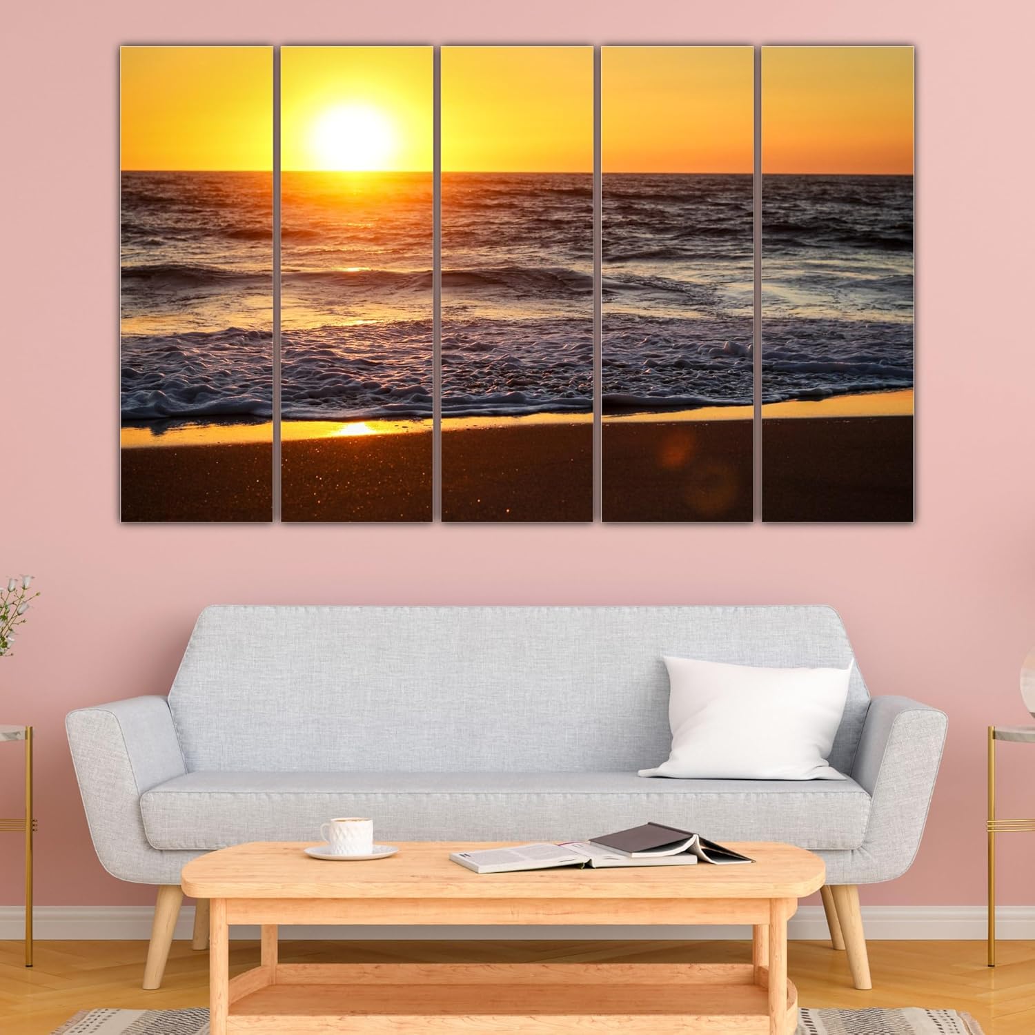Close-up of the multi-frame sunset Wall Art with splash-proof finish and sturdy MDF frames.