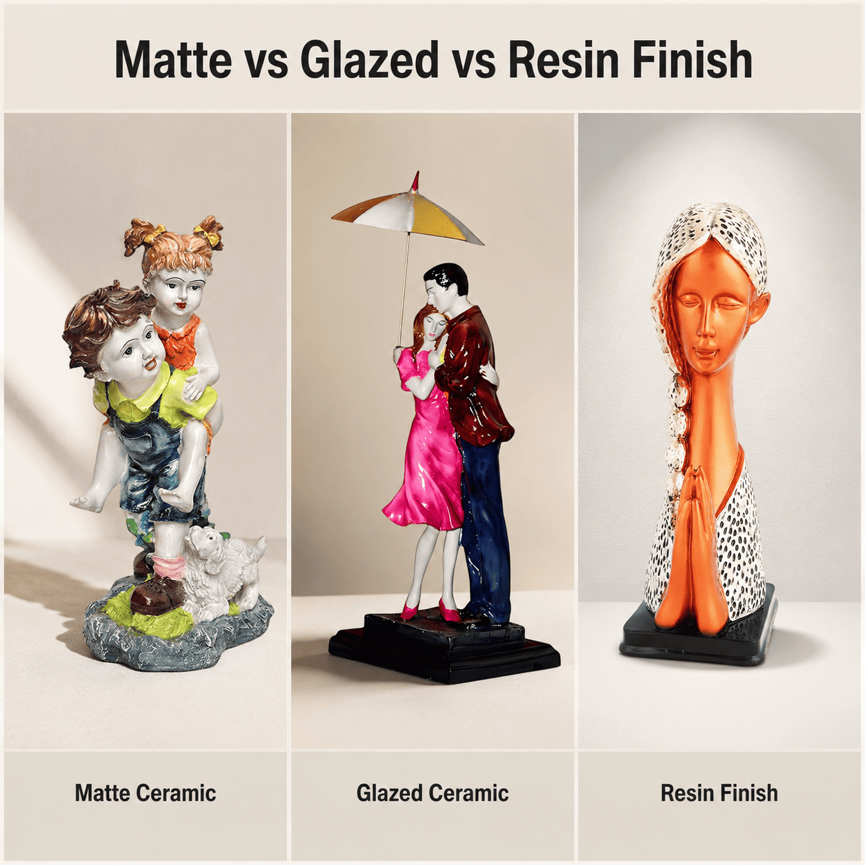 grid comparing matte, glazed, and resin decor finishes by size