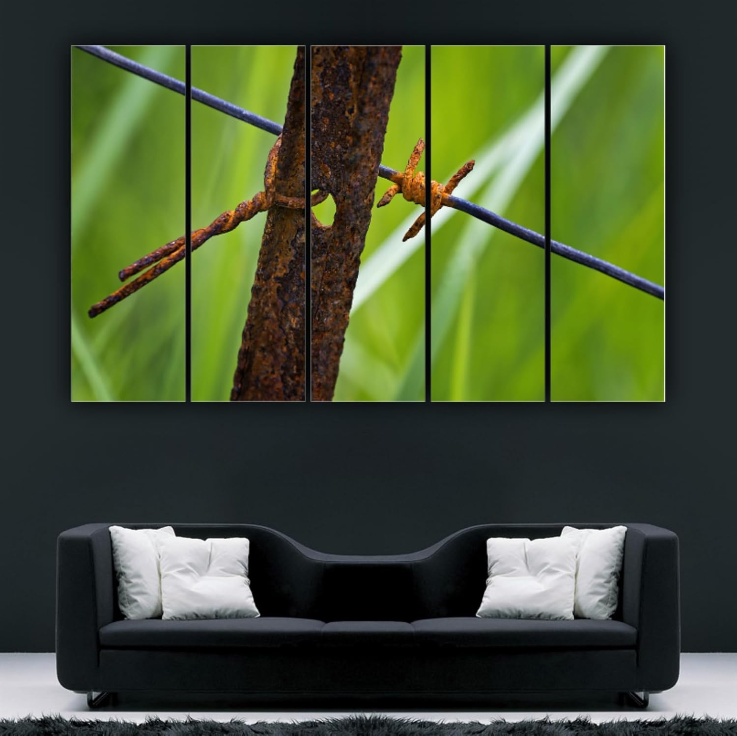 Industrial chic display of the Fence-sational 5-Panel Photography and Framed Wall Art in a modern living room