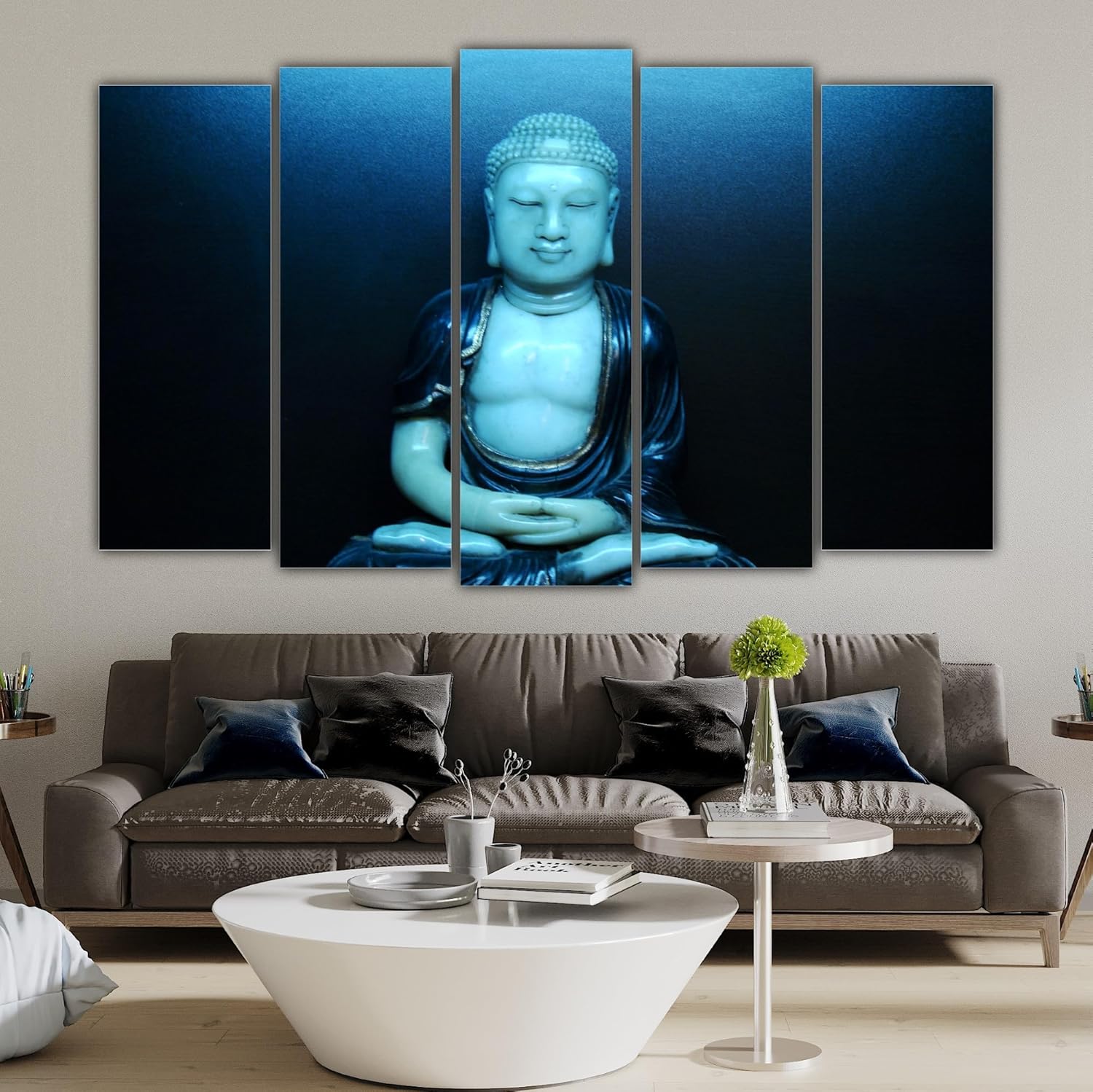 Serene Buddha image spread across five wooden MDF panels in multicolor scheme