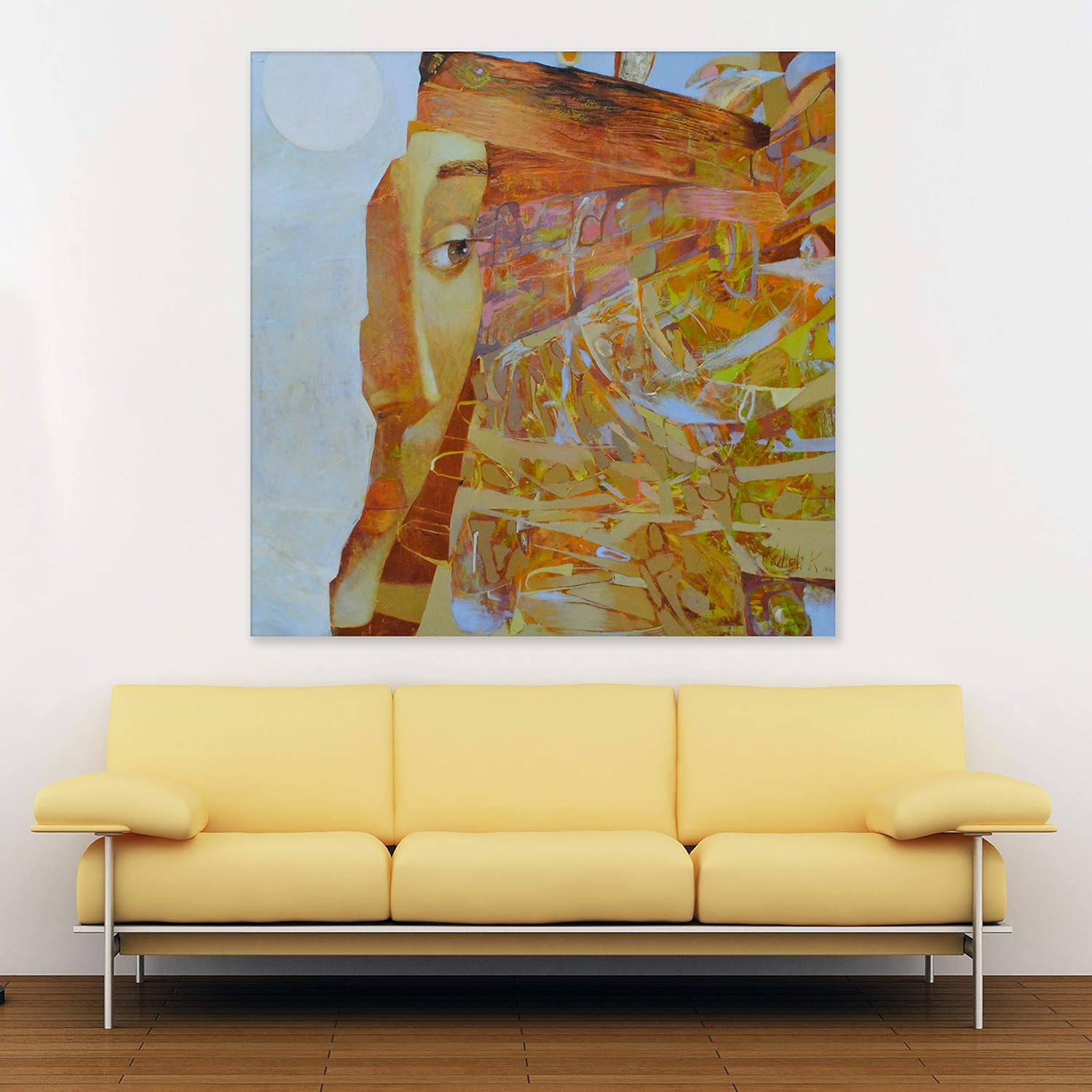 Close-up of Man vs Meaning: Unframed Humans Theme Wall Art showing abstract figures in a modern living room.