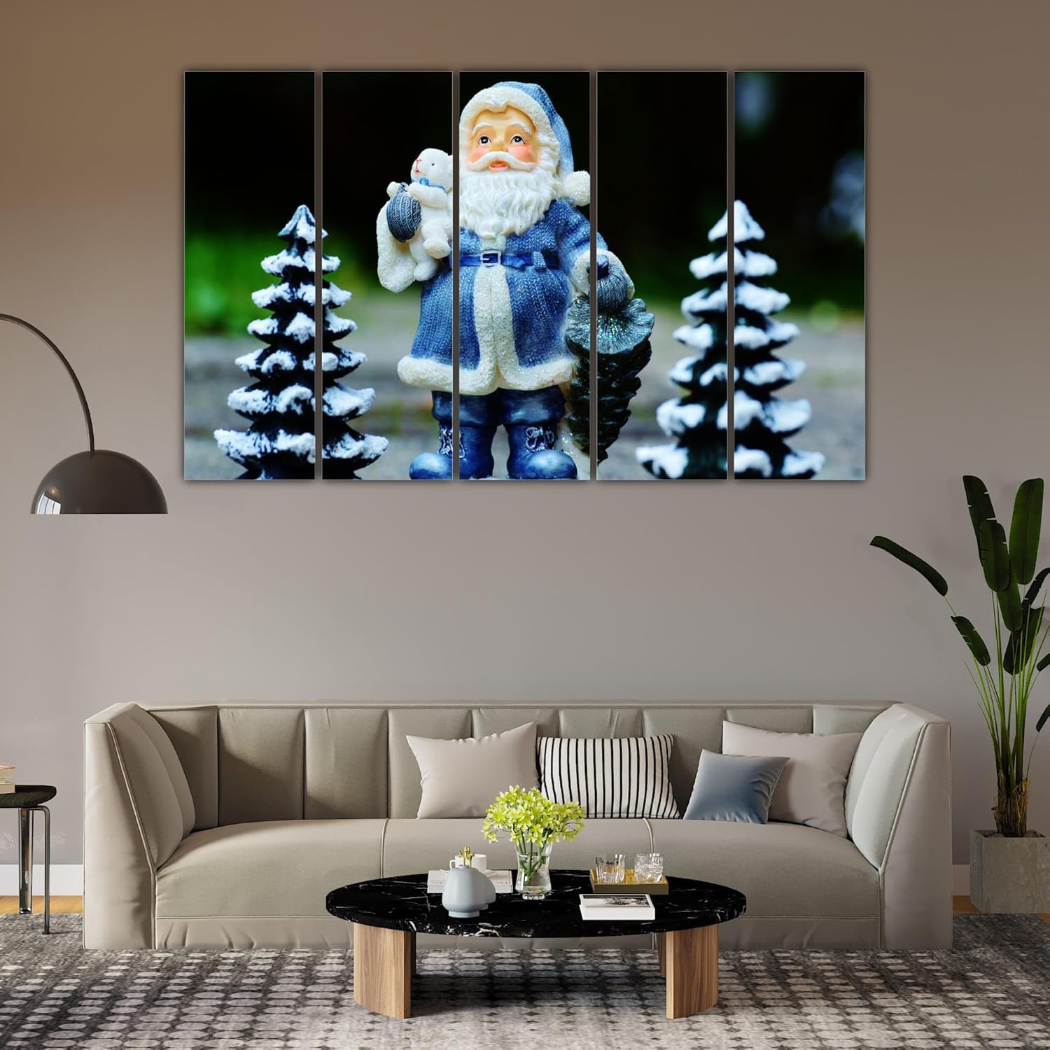 Vibrant Santa-tastic 5-Panel Christian Wall Art panels showcasing Santa in red suit on sturdy framed MDF.